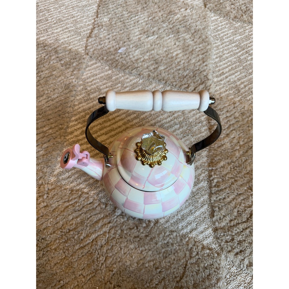 Mackenzie Childs Rosy Check Enamel Tea Kettle Pink White 2 Quart Whistling New - Picture 2 of 3